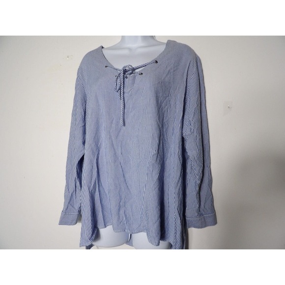 Daisy Fuentes 1X Top Shirt Tunic Hi Low Blue White Stripes Plus Cottage Core - Picture 2 of 12